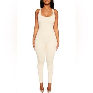 naked wardrobe Cream Scoop Neck Ribbed Jumpsuit